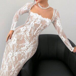 White Casual Women's Lace Long Sleeve Cupped Bustier Floor Length Bodycon Dress